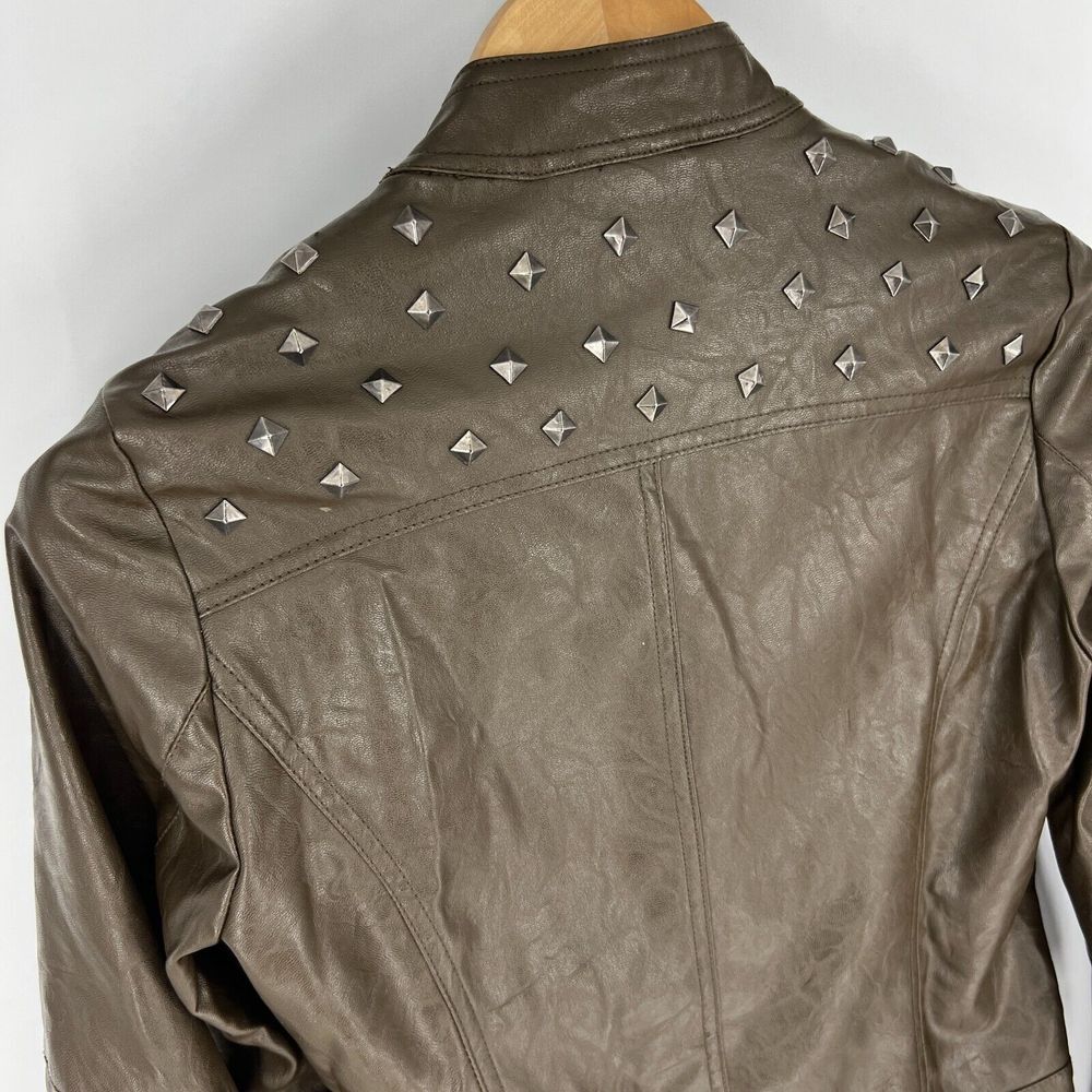 SANS SOUCI Brown Faux Leather Studded Moto Jacket Size S‎ Crop Long Sleeve Zip - Picture 5 of 12